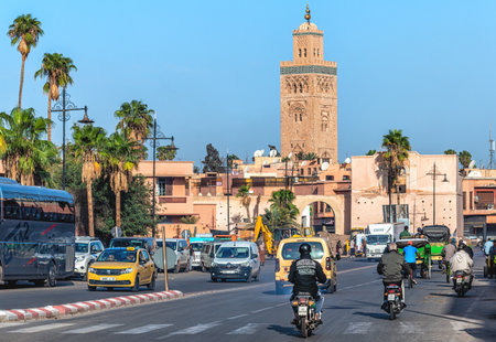 Marrakech, Morocco - 17 October 2022: Marrakech street scene, with the Koutoubia Mosque; Marrakesh, Morocco, North Africaのeditorial素材