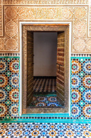 Beautiful typical moroccan tiles in the Madrasa - Marocco Marrakechの写真素材