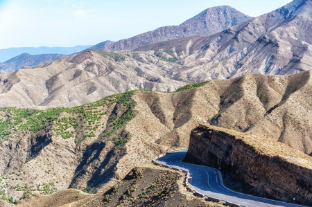 Road through a mountain pass in the Atlas Mountains, Moroccoの写真素材