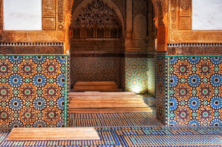 Golden ornate decorated interior of Saadien Tombs, Marrakech, Morocco, Africaの写真素材