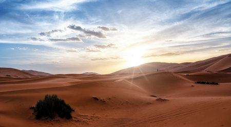 Beautiful sunset over the sand dunes in Sahara, Moroccoの写真素材