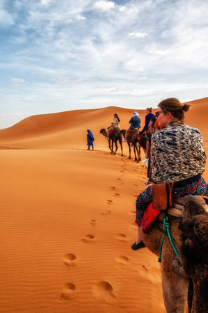 Camel Riding Caravan in the Sahara Desert, Moroccoのeditorial素材