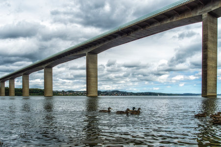Vejle Fjord Bridge (Danish: Vejlefjordbroen) is a cantilever bridge that spans Vejle Fjord between Moholm and Norremarken near the town of Vejle in Denmark.の写真素材