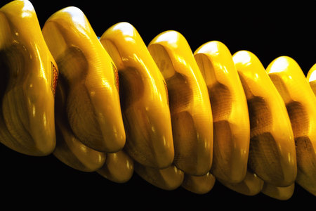 Yellow colored and painted characteristic Dutch wooden shoes against a black backgroundの写真素材