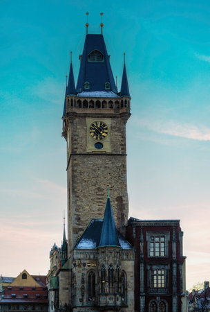 Exterior view of the Tower with Astronomical clock in Prague, Czech Republicの写真素材