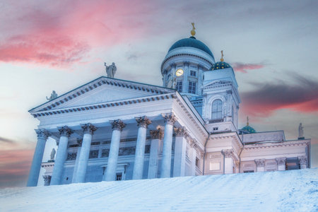 Helsinki cathedral Tuomiokirkko on a cold winter day, Finlandの写真素材