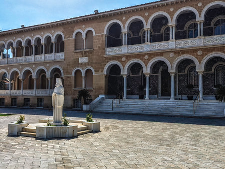 Sculpture of First President of Cyprus Archbishop Makarios III at entrance of Archibishop's palace,...