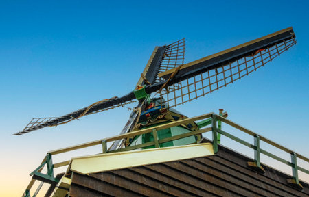 A facade of an old windmill at Zaanse Schans, is a UNESCO world heritage site, The Netherlands