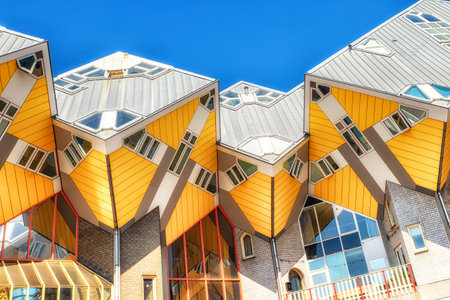Yellow cubic houses in Rotterdam, The Netherlands. The "cube houses" in Rotterdam are a tourist attraction.の写真素材