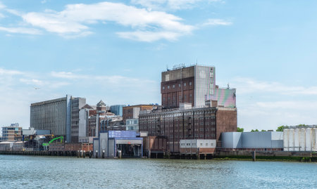Rotterdam, South Holland, Netherlands - June 4, 2022: View across Maashaven harbor towards the still...