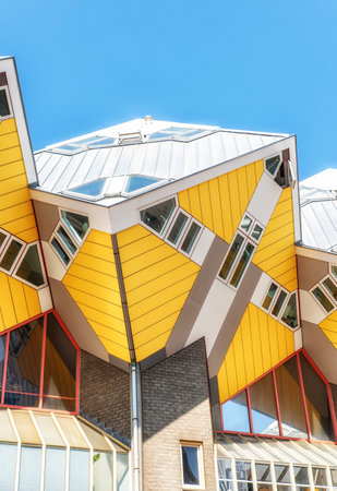 Yellow cubic houses in Rotterdam, The Netherlands. The "cube houses" in Rotterdam are a tourist attraction.の写真素材