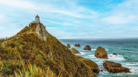 Nugget Point Lighthouse on the Catlins Coast of New Zealand.の写真素材