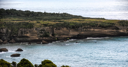 View South from Irimahuwhero Lookout, Punakaiki, West Coast, New Zealandの写真素材