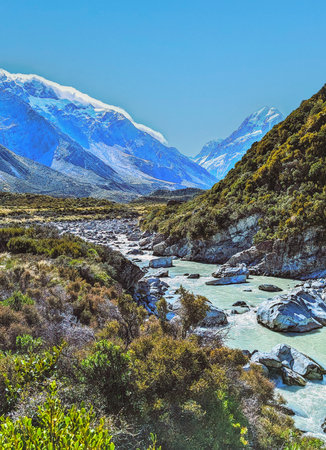 Beautiful nature landscape at Hooker valley track, Aoraki Mount Cook, New Zealandの写真素材