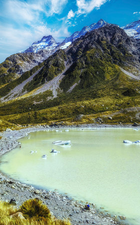 Mueller Lake seen from the Hooker Valley Track in Aoraki Mount Cook National Park, New Zealandの写真素材