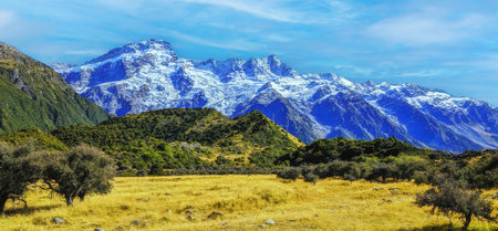 Beautiful nature landscape at Hooker valley track, Aoraki Mount Cook, New Zealandの写真素材