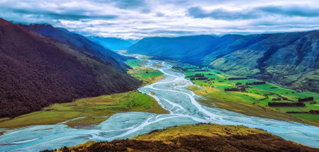 Makarora River into Wanaka Lake, South Island, New Zealandの写真素材