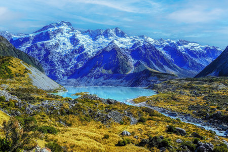 Mueller Lake seen from the Hooker Valley Track in Aoraki Mount Cook National Park, New Zealandの写真素材