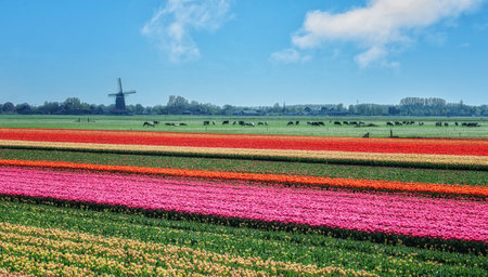 Typical Dutch landscape with cows, windmill and fields of blooming tulips, The Netherlandsの写真素材