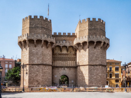 City of Valencia. The entrance to the Central Market of Valencia. Old Cathedral of Valencia, Spain. Old town of the city.の写真素材