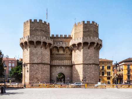 City of Valencia. The entrance to the Central Market of Valencia. Old Cathedral of Valencia, Spain. Old town of the city.の写真素材