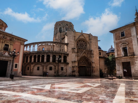Valencia Cathedral dedicated to Virgin Mary. Built between 1252 and 1482 on the site of a mosque and previously a roman temple dedicated to goddess Diana.の写真素材