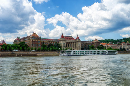The facade of the Budapest University of Technology and Economics as seen from the Pest side of the city, Budapest, Hungaryの写真素材