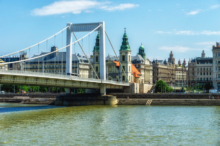 Ferenciek Tere, a luxury shopping area with Elizabeth Bridge, Budapest, Hungaryの写真素材