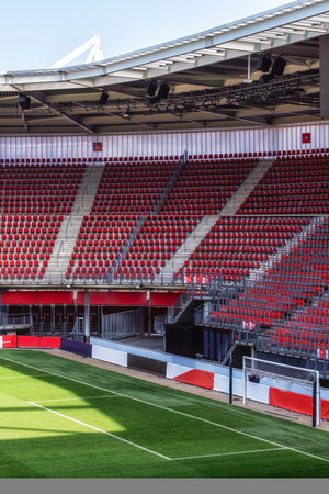 Stadium seat rows, sports background in arena for football or soccer game, public theater, concert...