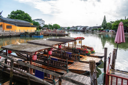Boat Rides and Cruises in Shanghai. Zhujiajiao water town, historic scenic town in China with private boat tour. Ancient Chinese transportation.の写真素材