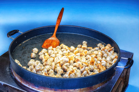 Dumplings in a pan, Shanghai, Chinaの写真素材