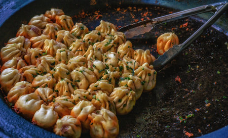 Dumplings in a pan, Shanghai, Chinaの写真素材