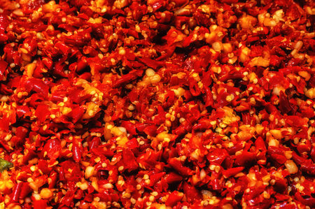 Freshly chopped chillies and garlic in a spice shop on street market in Zhujiajiao, Chinaの写真素材