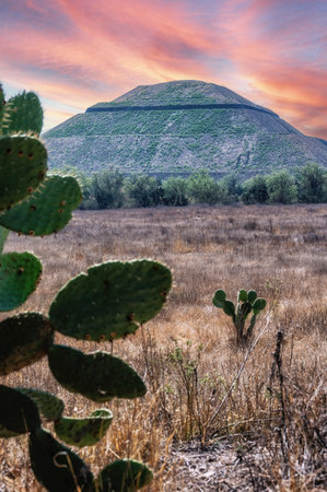 The sun pyramid in Teotihuacan. View with sky. Travel photo, background, wallpaper. Mexico.の写真素材