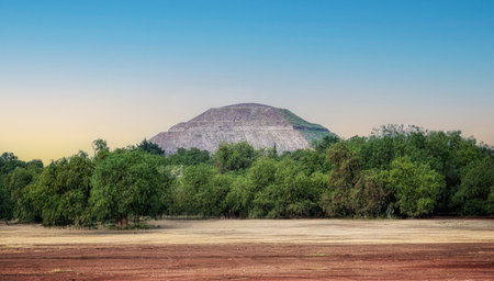 View of the pyramids of Teotihuacan, ancient city in Mexico, located in Valley of Mexico. Teotihuacan pyramids Moon and Sun. UNESCO world heritageの写真素材