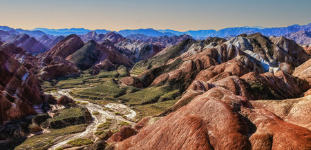 Amazing scenery of Rainbow mountain and blue sky background in sunset. Zhangye Danxia National...