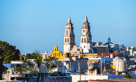 View from old walls in Campeche. Typical colonial street in Campeche, Mexico. Historic Fortified Town of Campeche - UNESCO World Heritage Site.の写真素材