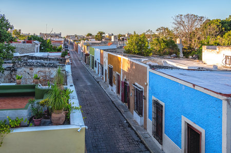 View from old walls in Campeche. Typical colonial street in Campeche, Mexico. Historic Fortified Town of Campeche - UNESCO World Heritage Site.の写真素材