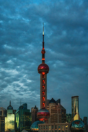 Oriental Pearl Tower at night, Lujiazui, Pudong, Shanghai, Chinaの写真素材