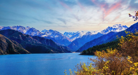 Heaven Lake of Tian Shan (Tianchi). A famous World Heritage site in Fukang, Changji, Xinjiang, China.の写真素材