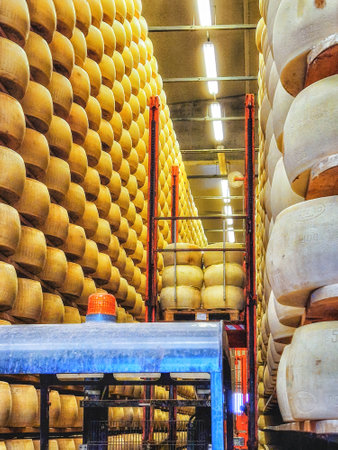 Process of making parmigiano-reggiano parmesan hard cheese on small cheese farm in Parma, Italy,...
