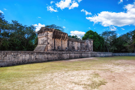 Close up of The South Temple part of The Great Ball Court structures. at Chichen Itza archaeological site, Mexicoの写真素材