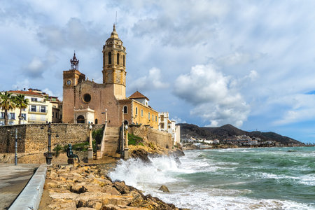 View of church de Sant Bartomeu i Santa Tecla, Sitges town in Spainの写真素材