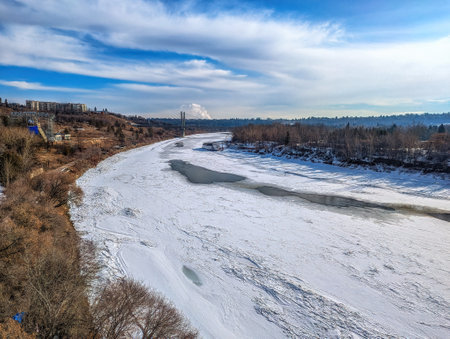 Winter view of the s shape north saskatchewan river valley,  edmonton, alberta, canadaの写真素材