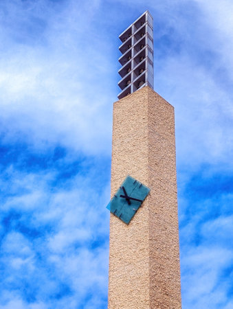 Clock and bell tower overlooks Edmonton City Hall, Alberta, Canadaの写真素材