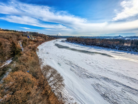 Winter view of the s shape north saskatchewan river valley,  edmonton, alberta, canadaの写真素材