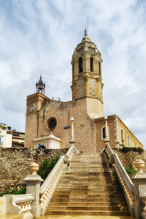 Views of Church of St. Bartholomew and Santa Tecla Sitges, Catalonia, Spain. Landmarks of Sitges. Winter in the Mediterraneanの写真素材