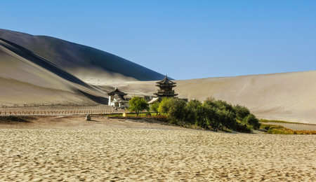 Chinese temple in desert, Mingsha Shan, Dunhuang, Chinaの写真素材
