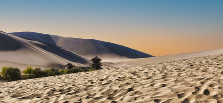 Chinese temple in desert, Mingsha Shan, Dunhuang, Chinaの写真素材