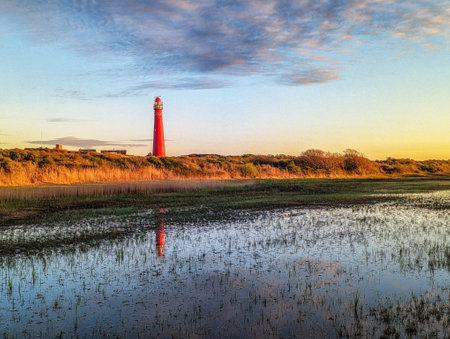 Schiermonnikoog  view in the dunes with the lighthouse during sunset at the wadden island during a beautiful spring day. Schiermonnikoog is part of the Frisian Wadden Islands and is known for its beautiful natural scenery, including sandy beaches, rolling dunes, and lush wetlands.の写真素材